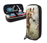 Dwrepo Trousse à crayons en cuir avec fermeture éclair - Motif animaux brodés - Peintures - Chevaux - Jolie trousse de maquillage pour homme et femme - Noir - Taille unique - L, Noir , Taille unique,