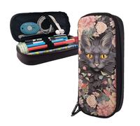 Dwrepo Trousse à crayons en cuir avec fermeture éclair - Motif chat et fleur - Jolie trousse de maquillage pour homme et femme - Noir - Taille unique - L, Noir , Taille unique, Taille L