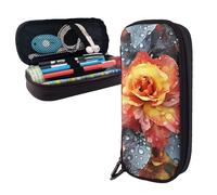 Dwrepo Trousse à crayons en cuir avec fermeture éclair - Motif fleur rouge et jaune - Jolie trousse de maquillage pour homme et femme - Noir - Taille unique - L, Noir , Taille unique, Taille L