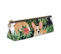 Dwrepo Trousse à crayons en cuir avec fermeture éclair - Motif fleurs tropicales et corgi - Jolie trousse à crayons pour homme et femme - Trousse de maquillage de voyage pour le bureau, blanc, taille