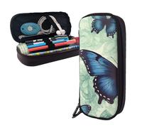 Dwrepo Trousse à crayons en cuir avec fermeture éclair - Motif papillon bleu - Jolie trousse à crayons pour homme et femme - Noir - Taille unique - L, Noir , Taille unique, Taille L