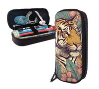 Dwrepo Trousse à crayons en cuir avec fermeture éclair - Motif tigre tropical - Jolie trousse de maquillage pour homme et femme - Noir - Taille unique - L, Noir , Taille unique, Taille L