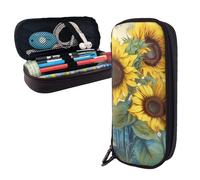 Dwrepo Trousse à crayons en cuir avec fermeture éclair - Motif tournesol - Jolie trousse de maquillage pour homme et femme - Noir - Taille unique - L, Noir , Taille unique, Taille L
