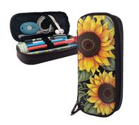 Dwrepo Trousse à crayons en cuir avec fermeture éclair - Motif tournesol - Jolie trousse de maquillage pour homme et femme - Noir - Taille unique - L, Noir , Taille unique, Taille L