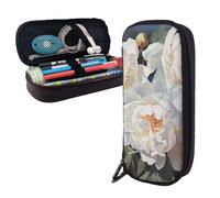 Dwrepo Trousse à crayons en cuir avec fermeture éclair - Pivoine blanche - Jolie trousse à crayons pour homme et femme - Noir - Taille unique - L, Noir , Taille unique, Taille L