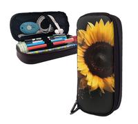 Dwrepo Trousse à crayons en cuir avec fermeture éclair - Tournesol sur fond noir - Jolie trousse à crayons pour homme et femme - Noir - Taille unique - L, Noir , Taille unique, Taille L