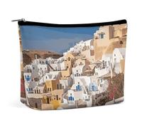 Dwrepo Trousse de maquillage de voyage de grande capacité en cuir synthétique pour femme Santorini Town Trousse de toilette portable avec fermeture éclair, blanc, taille unique, blanc, taille unique,