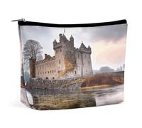 Dwrepo Trousse de maquillage de voyage de grande capacité, trousse de maquillage en cuir synthétique pour femme, château près du lac, trousse de toilette portable à fermeture éclair, blanc, taille