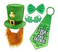 DWTECH Lot de 4 costumes de Saint-Patrick comprenant un chapeau de léprechaun avec barbe, un grand nœud papillon vert et un nœud papillon porte-bonheur pour fête, accessoire de festival irlandais
