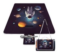 DWTJKMS Astronaute Tapis de pique-nique avec système solaire et planètes, pliable, imperméable, avec sac fourre-tout, 147,3 x 147,3 cm, couverture de camping pour plage, parc, voyage