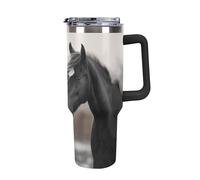 DWTJKMS Black And White Horses Gobelet en acier inoxydable de 1200 ml anti-fuite de grande capacité pour voiture avec poignée et paille, gobelet isotherme à double paroi sous vide, réutilisable, garde