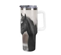 DWTJKMS Black And White Horses Gobelet en acier inoxydable de 1200 ml étanche avec poignée et paille - Gobelet isotherme à double paroi sous vide réutilisable pour garder le froid ou le chaud, blanc