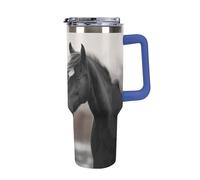 DWTJKMS Black And White Horses Gobelet en acier inoxydable étanche de grande capacité avec poignée et paille - Tasse isotherme à double paroi sous vide - Réutilisable - Garde au froid ou au chaud