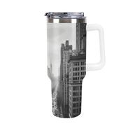 DWTJKMS Black And White New York Gobelet en acier inoxydable de 1200 ml étanche - Tasse de grande capacité avec poignée et paille - Gobelet isotherme à double paroi sous vide - Réutilisable - Garde