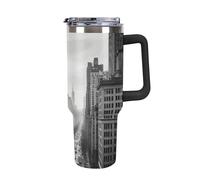 DWTJKMS Black And White New York Gobelet en acier inoxydable étanche de grande capacité avec poignée et paille - Tasse isotherme à double paroi sous vide - Réutilisable - Garde les boissons froides ou
