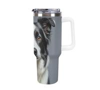 DWTJKMS Border Collie Gobelet en acier inoxydable de 1200 ml étanche - Tasse de voiture avec poignée et paille - Tasse isotherme à double paroi sous vide réutilisable pour garder le froid ou le chaud