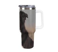 DWTJKMS Border Collie Gobelet en acier inoxydable de 1200 ml étanche - Tasse de voiture avec poignée et paille - Tasse isotherme à double paroi sous vide réutilisable pour garder le froid ou le chaud