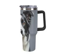 DWTJKMS Border Collie Gobelet en acier inoxydable de 1200 ml étanche - Tasse de voiture avec poignée et paille - Tasse isotherme à double paroi sous vide réutilisable pour garder le froid ou le chaud