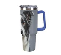 DWTJKMS Border Collie Gobelet en acier inoxydable de 1200 ml étanche - Tasse de voiture avec poignée et paille - Tasse isotherme à double paroi sous vide réutilisable pour garder au froid ou au chaud