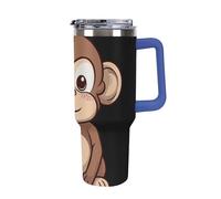 DWTJKMS Cartoon Brown Monkey Gobelet en acier inoxydable de 1200 ml étanche avec poignée et paille - Tasse isotherme à double paroi sous vide réutilisable pour garder au froid ou au chaud - Bleu foncé