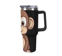 DWTJKMS Cartoon Brown Monkey Gobelet en acier inoxydable étanche de grande capacité avec poignée et paille - Tasse isotherme à double paroi sous vide - Réutilisable - Garde les boissons froides ou