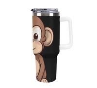 DWTJKMS Cartoon Brown Monkey Gobelet en acier inoxydable étanche de grande capacité avec poignée et paille - Tasse isotherme à double paroi sous vide - Réutilisable - Garde les boissons froides ou