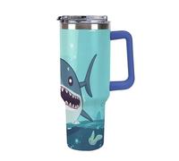 DWTJKMS Cartoon Shark Gobelet flottant dans l'eau en acier inoxydable de 1 200 ml, étanche, grande capacité pour voiture avec poignée et paille, gobelet isotherme à double paroi, réutilisable, garde