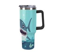 DWTJKMS Cartoon Shark Gobelet flottant dans l'eau en acier inoxydable de 1 200 ml, étanche, grande capacité pour voiture avec poignée et paille, gobelet isotherme à double paroi, réutilisable, garde