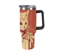 DWTJKMS Cat Lying on The Box Gobelet en acier inoxydable de 1200 ml - Anti-fuite - Grande capacité - Tasse de voiture avec poignée et paille - Gobelet isotherme à double paroi sous vide - Réutilisable