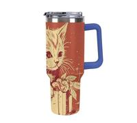 DWTJKMS Cat Lying on The Box Gobelet en acier inoxydable de 1200 ml - Anti-fuite - Grande capacité - Tasse de voiture avec poignée et paille - Gobelet isotherme à double paroi sous vide - Réutilisable