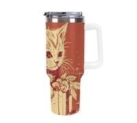 DWTJKMS Cat Lying on The Box Gobelet en acier inoxydable de 1200 ml - Anti-fuite - Grande capacité - Tasse de voiture avec poignée et paille - Gobelet isotherme à double paroi sous vide - Réutilisable