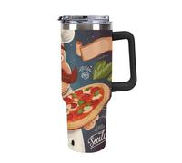 DWTJKMS Chef Pizza Gobelet en acier inoxydable de 1 200 ml, anti-fuite, grande capacité pour voiture avec poignée et paille, tasse isotherme à double paroi, réutilisable, garde froid ou chaud, noir