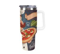 DWTJKMS Chef Pizza Gobelet en acier inoxydable de 1 200 ml, étanche, grande capacité pour voiture avec poignée et paille, tasse isotherme à double paroi, réutilisable, garde froid ou chaud, blanc