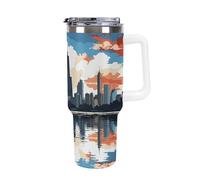 DWTJKMS Chicago Skyline Gobelet en acier inoxydable de 1,2 l - Anti-fuite - Grande capacité - Tasse de voiture avec poignée et paille - Gobelet isotherme à double paroi sous vide - Réutilisable