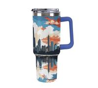 DWTJKMS Chicago Skyline Gobelet en acier inoxydable de 1,2 l - Anti-fuite - Grande capacité - Tasse de voiture avec poignée et paille - Gobelet isotherme à double paroi sous vide réutilisable pour