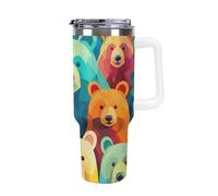 DWTJKMS Colorful Bears Gobelet en acier inoxydable étanche de grande capacité avec poignée et paille - Tasse isotherme à double paroi sous vide - Réutilisable - Garde le froid ou le chaud - Style