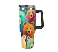 DWTJKMS Colorful Bears Gobelet en acier inoxydable étanche de grande capacité avec poignée et paille - Tasse isotherme à double paroi sous vide - Réutilisable - Garde au froid ou au chaud