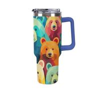 DWTJKMS Colorful Bears Gobelet en acier inoxydable étanche de grande capacité avec poignée et paille - Tasse isotherme à double paroi sous vide - Réutilisable - Garde au froid ou au chaud - Bleu foncé