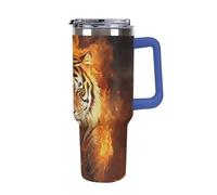 DWTJKMS Cool Tiger in Flame - Gobelet en acier inoxydable de 1200 ml - Anti-fuite - Grande capacité - Tasse de voiture avec poignée et paille - Gobelet isotherme à double paroi sous vide
