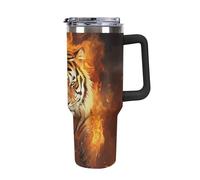 DWTJKMS Cool Tiger in Flame - Gobelet en acier inoxydable de 1200 ml - Anti-fuite - Grande capacité - Tasse de voiture avec poignée et paille - Gobelet isotherme à double paroi sous vide