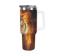DWTJKMS Cool Tiger in Flame - Gobelet en acier inoxydable de 1200 ml - Anti-fuite - Grande capacité - Tasse de voiture avec poignée et paille - Gobelet isotherme à double paroi sous vide