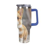 DWTJKMS Corgi Gobelet en acier inoxydable pour chiens - Anti-fuite - Grande capacité - Avec poignée et paille - Double paroi isotherme sous vide - Réutilisable - Garde au froid ou au chaud - Bleu