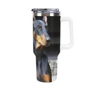 DWTJKMS Doberman Gobelet en acier inoxydable étanche de grande capacité avec poignée et paille - Gobelet isotherme à double paroi sous vide - Réutilisable - Garde les boissons froides ou chaudes