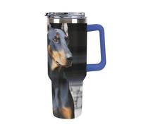 DWTJKMS Doberman Gobelet en acier inoxydable étanche de grande capacité avec poignée et paille - Gobelet isotherme à double paroi sous vide - Réutilisable - Garde au froid ou au chaud - Style bleu