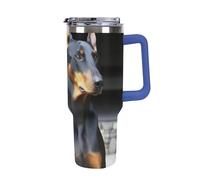 DWTJKMS Doberman Gobelet en acier inoxydable étanche de grande capacité avec poignée et paille - Gobelet isotherme à double paroi sous vide - Réutilisable - Garde au froid ou au chaud - Style bleu