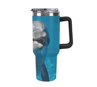 DWTJKMS Dolphin with A Smile Gobelet en acier inoxydable de 1200 ml - Anti-fuite - Grande capacité - Tasse de voiture avec poignée et paille - Gobelet isotherme à double paroi sous vide - Réutilisable