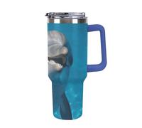 DWTJKMS Dolphin with A Smile Gobelet en acier inoxydable de 1200 ml - Anti-fuite - Grande capacité - Tasse de voiture avec poignée et paille - Gobelet isotherme à double paroi sous vide - Réutilisable