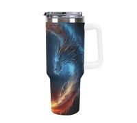 DWTJKMS Fire And Ice Dragons Gobelet en acier inoxydable étanche de grande capacité avec poignée et paille - Gobelet isotherme à double paroi sous vide - Réutilisable - Garde les boissons froides ou