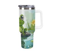 DWTJKMS Frog in A Pond Gobelet en acier inoxydable de 1200 ml - Anti-fuite - Grande capacité - Tasse de voiture avec poignée et paille - Gobelet isotherme à double paroi sous vide - Réutilisable