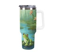 DWTJKMS Frog in A Pond Gobelet en acier inoxydable de 1200 ml - Anti-fuite - Grande capacité - Tasse de voiture avec poignée et paille - Gobelet isotherme à double paroi sous vide - Réutilisable
